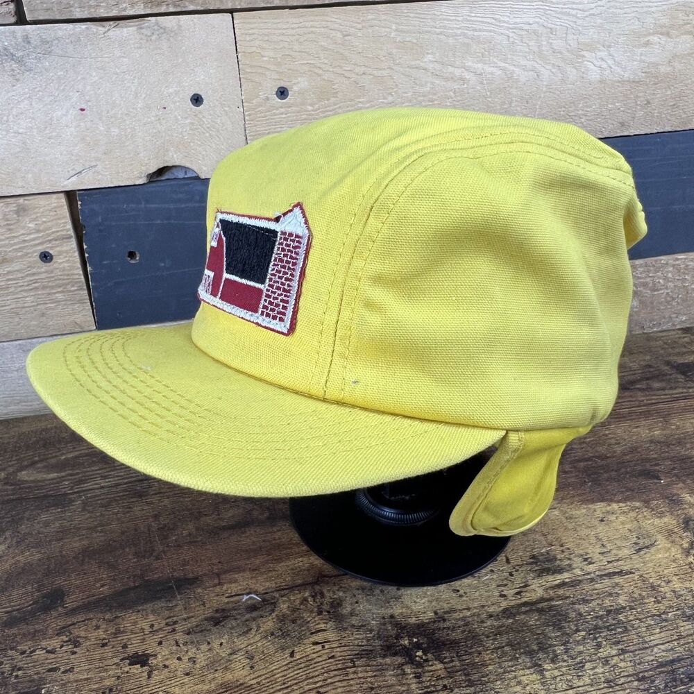 Vintage Yellow Red Barn Patch Hat Plaid Lined Earflap Camper Cap Trucker Hunting
